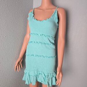 Revamped Y2K Turquoise Blue Smocked Ruffle Bodycon Mini Dress, Size Medium